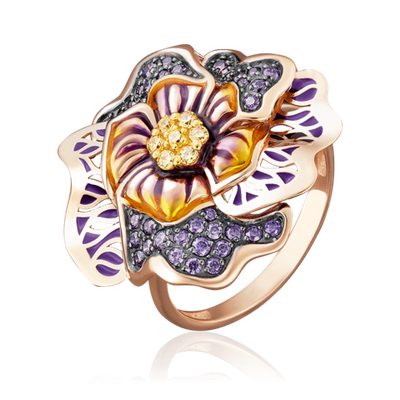 Кольцо «Гибискус» из красного золота с фианитами и эмалью