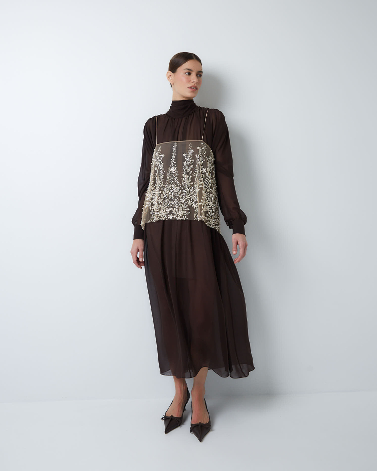 Платье с баской из шелкового шифона шоколад