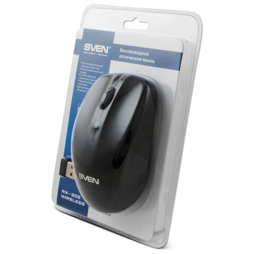 Мышь беспроводная SVEN RX-305W, 3 кнопки +1 колесо-кнопка, оптическая, черная, SV-03200305W