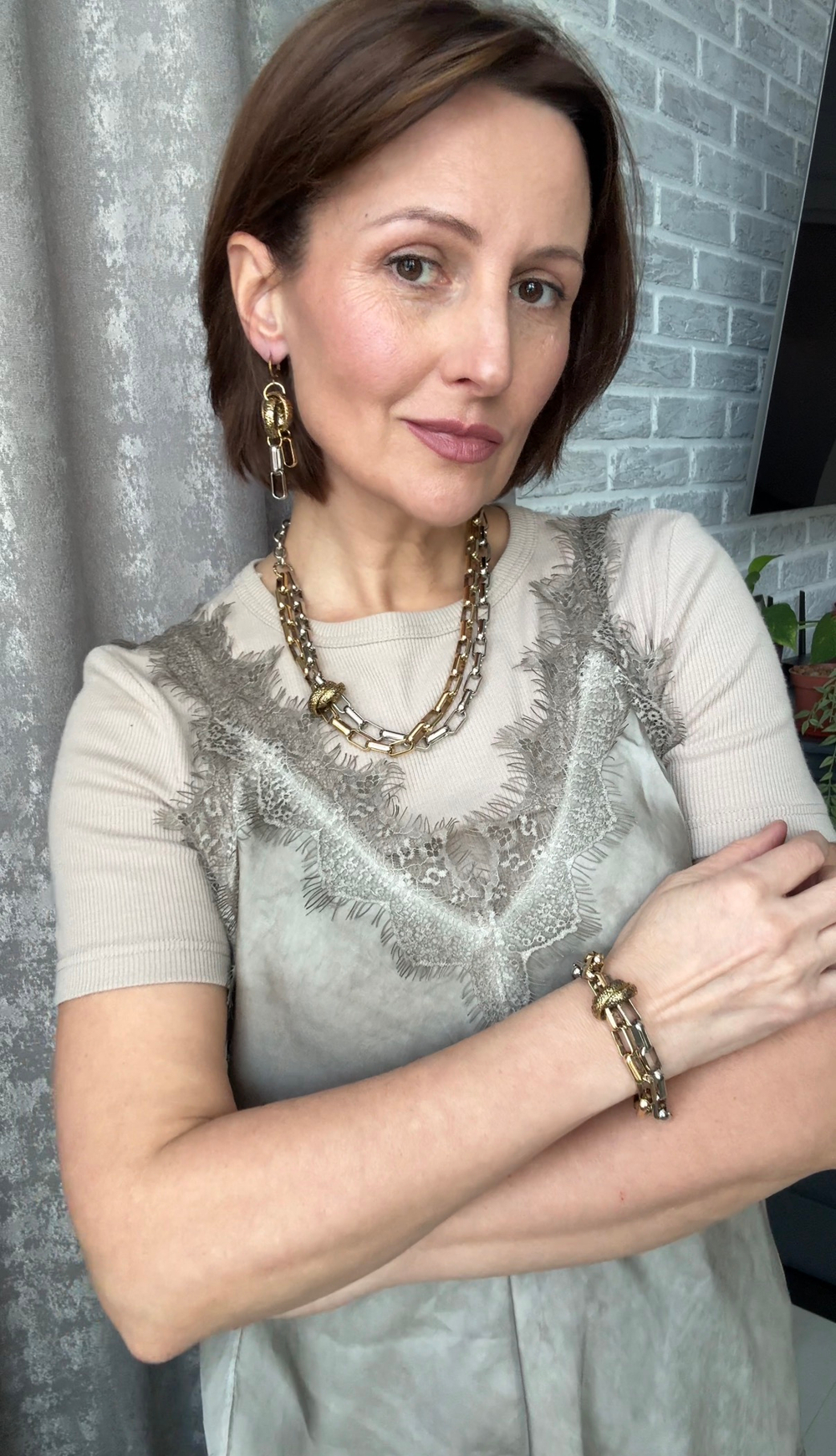 Колье двойная цепь из звеньев скрепок с шайбой, оттенок золото и серебро