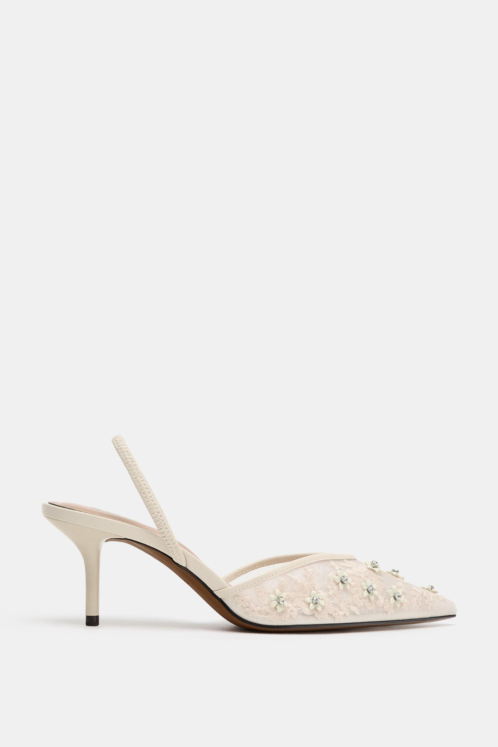 ZARA ТУФЛИ-МЮЛИ ИЗ СЕТЧАТОЙ ТКАНИ С БУСИНАМИ, БЕЛЫЙ