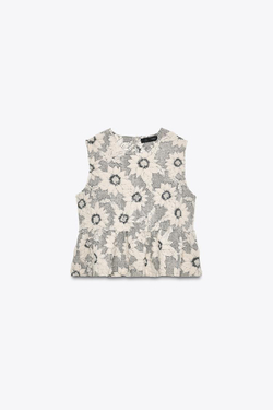 ZARA ТОП С БАСКОЙ, ТЕКСТУРНОЙ ТКАНЬЮ И ЦВЕТАМИ, ЭКРЮ/ЧЕРНЫЙ