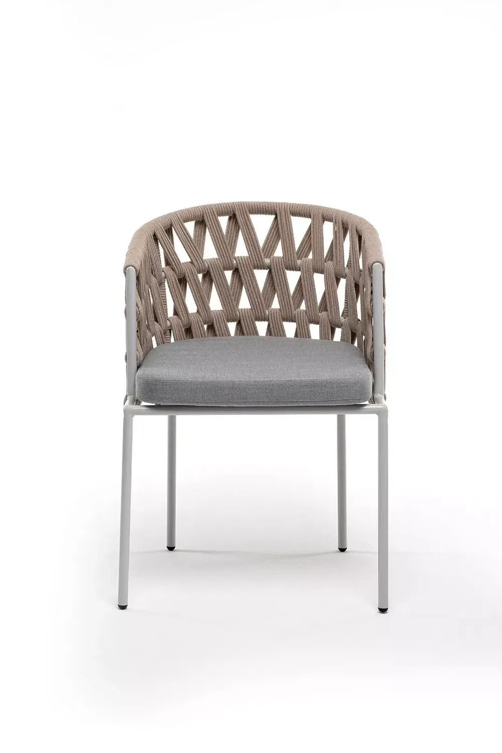 "Диего" стул плетеный из роупа, каркас из стали светло-серый (RAL7035) муар, роуп бежевый круглый, ткань светло-серая