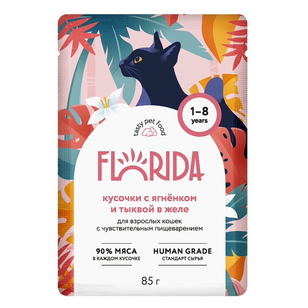 Florida 85 г - консервы (пауч) для кошек с чувствительным пищеварением с ягненком и тыквой (кусочки в желе)