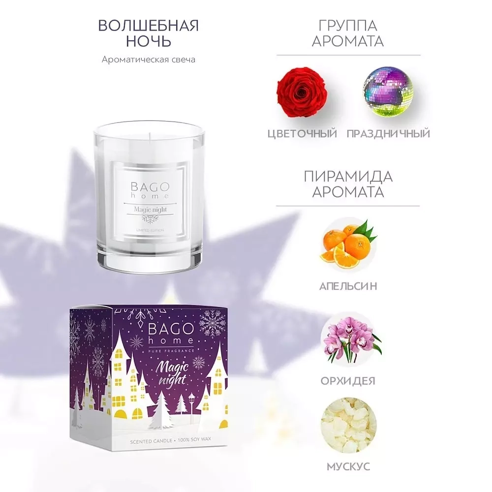 Ароматическая свеча в стекле Magic night 132 г, BAGO home