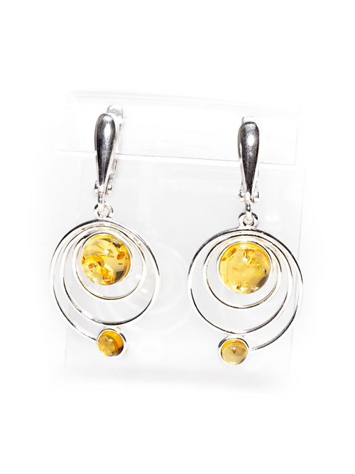 Серьги с натуральным янтарем желтого цвета "Солнечная система"