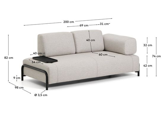 2-местный диван Compo серо-бежевого цвета с малым журнальным столиком и чёрным каркасом