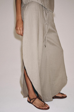 ZARA БРЮКИ ИЗ ЛЬНА С РАЗРЕЗАМИ — ZW COLLECTION, СЕРО-КОРИЧНЕВЫЙ