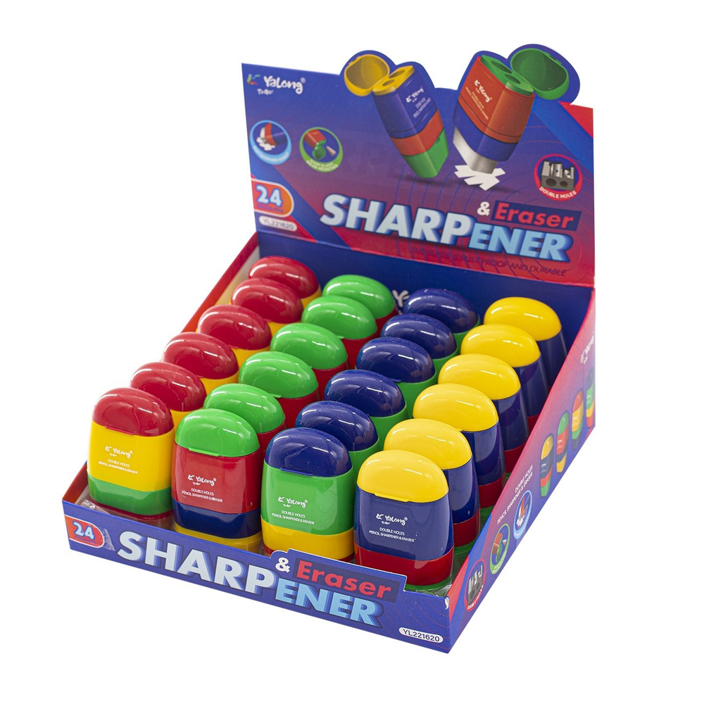 Точилка Yalong, пластиковая с ластиком Yalong, "Светофор", 2 отверстия, контейнер, ассорти, картонная упаковка