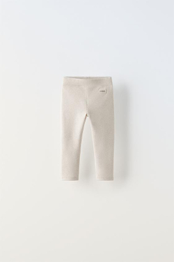 ZARA ЛЕГИНСЫ В РУБЧИК С НАШИВКОЙ, ПЕСОЧНЫЙ С МЕЛАНЖЕВЫМ ЭФФЕКТОМ