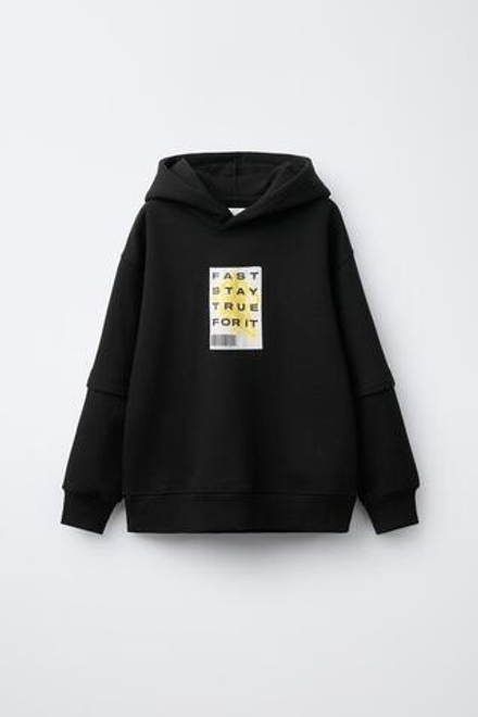 ZARA ХУДИ С ДВОЙНЫМИ РУКАВАМИ И НАДПИСЬЮ, ЧЕРНЫЙ