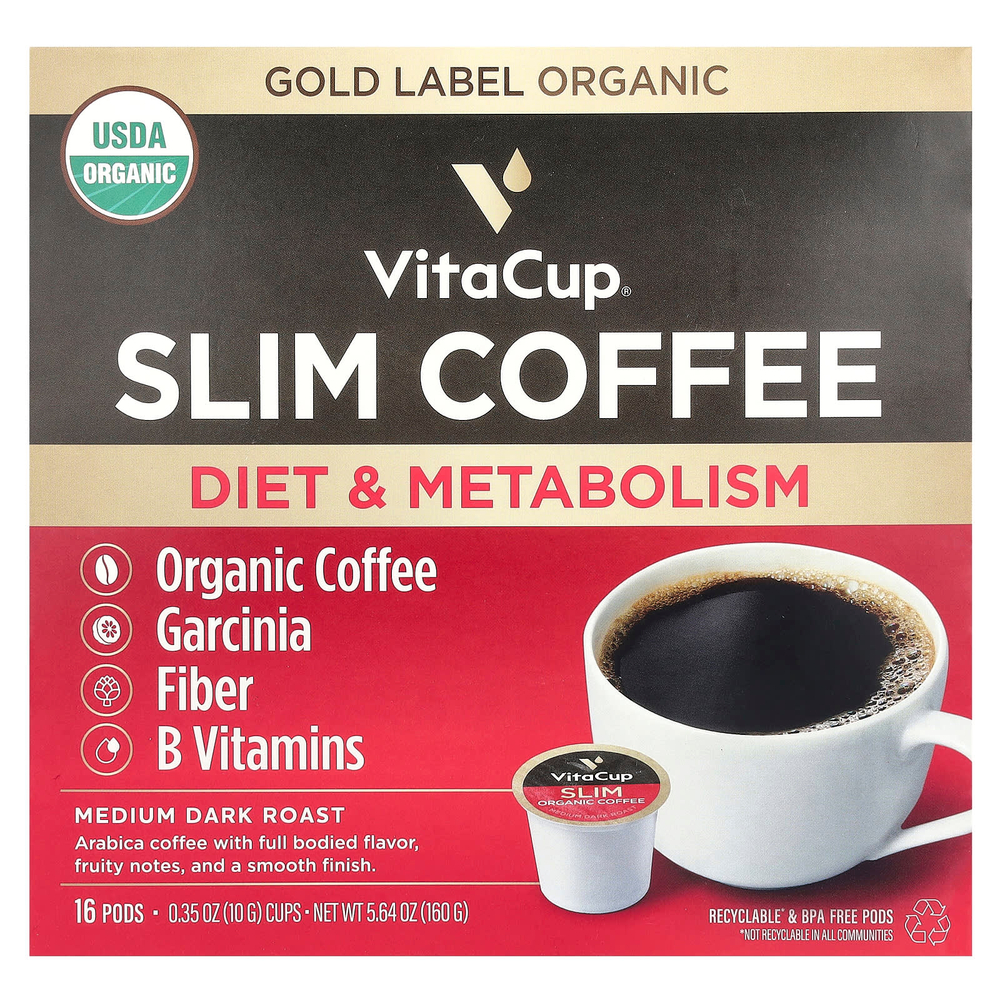 VitaCup, Slim Coffee, средней темной обжарки, 16 капсул по 10 г (0,35 унции)