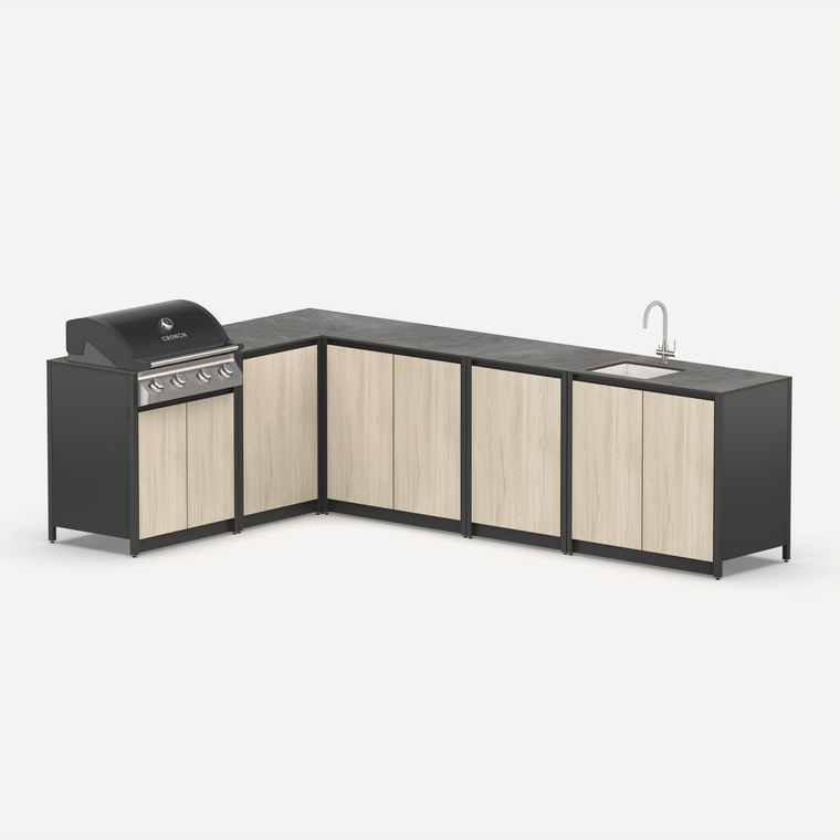 Угловой барбекю комплекс Lounge F-110SG, 3x2 м, дуб сонома/черный мрамор