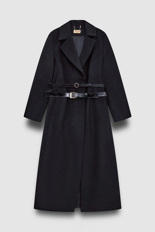 Пальто однобортное с акцентными ремнями, черный