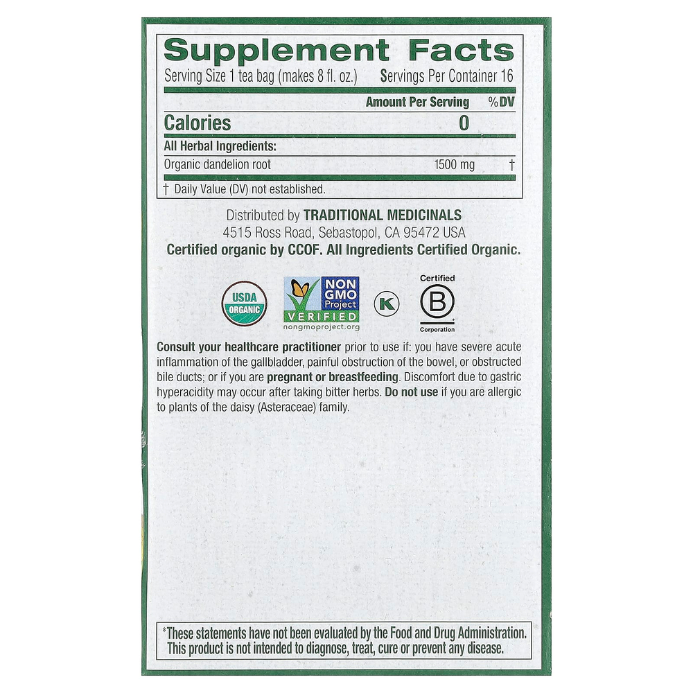 Traditional Medicinals, органический обжаренный корень одуванчика, без кофеина, 16 чайных пакетиков в упаковке, 24 г (0,85 унции)