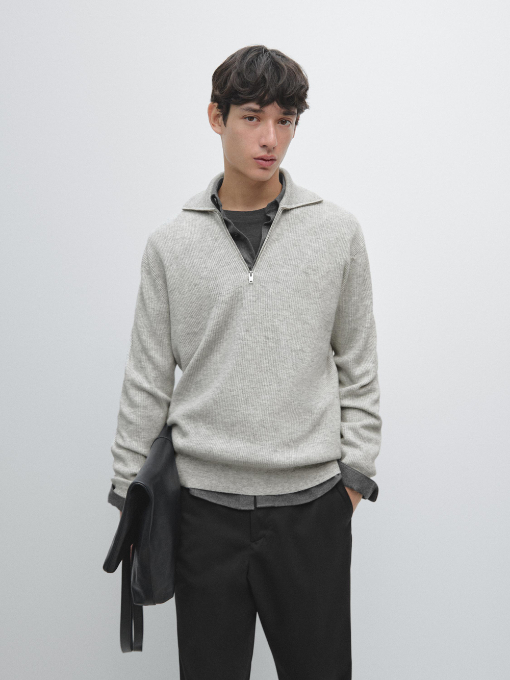 Massimo Dutti Вязаный свитер с воротником-стойкой на молнии, серый