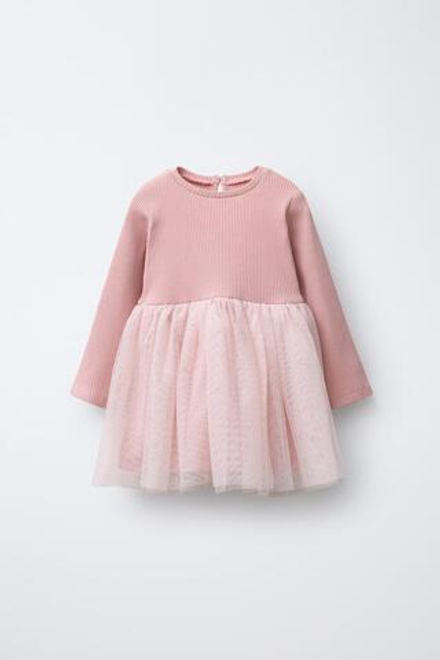 ZARA КОМБИНИРОВАННОЕ ПЛАТЬЕ ИЗ ТУЛЯ С БЛЁСТКАМИ, ПАСТЕЛЬНО-РОЗОВЫЙ