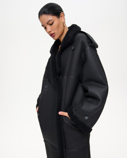 Двубортная дублёнка свободного прямого силуэта