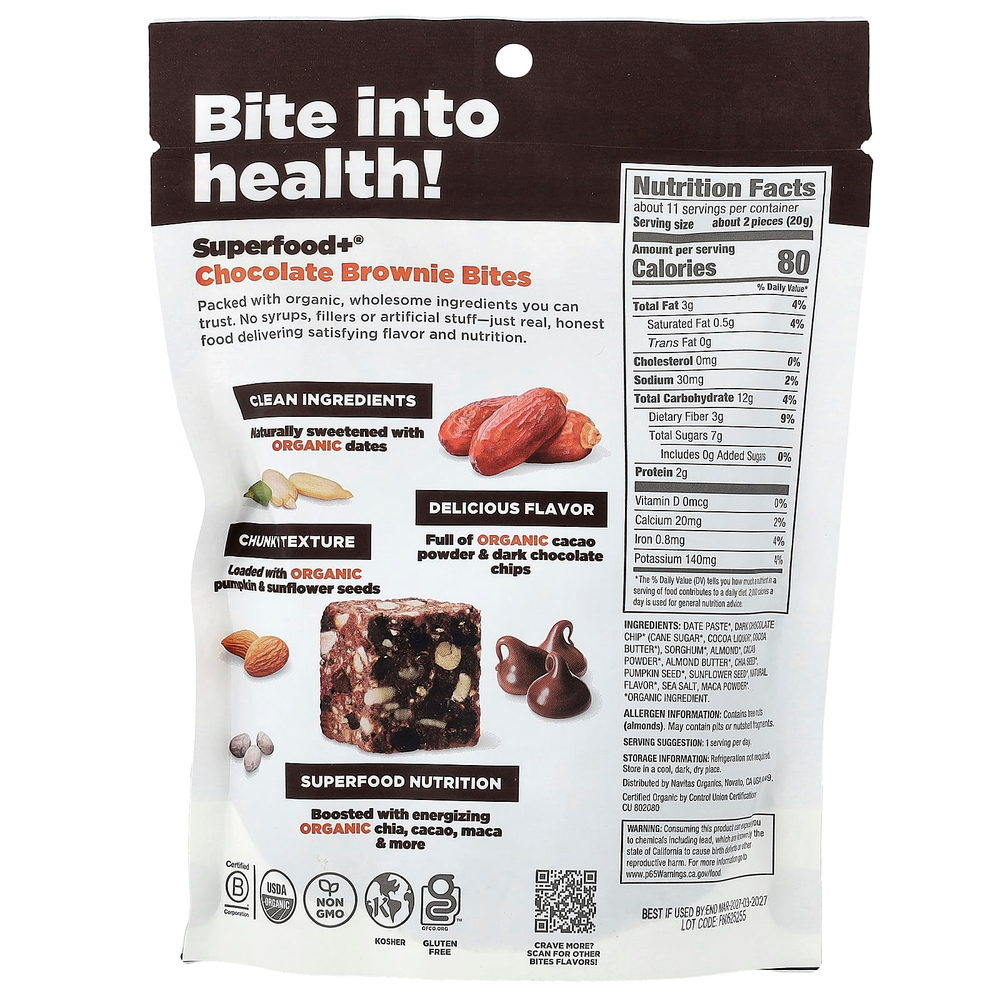 Navitas Organics, Superfood+®, шоколадные батончики, 227 г (8 унций)