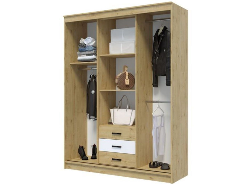 Шкаф-купе белый/дуб Вотан с зеркалом четырехдверный с ящиками