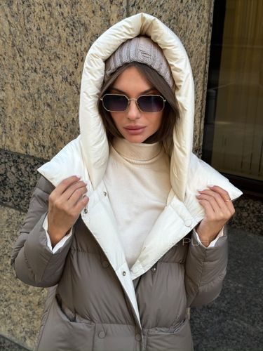 Длинный двусторонний коричнево-белый пуховик