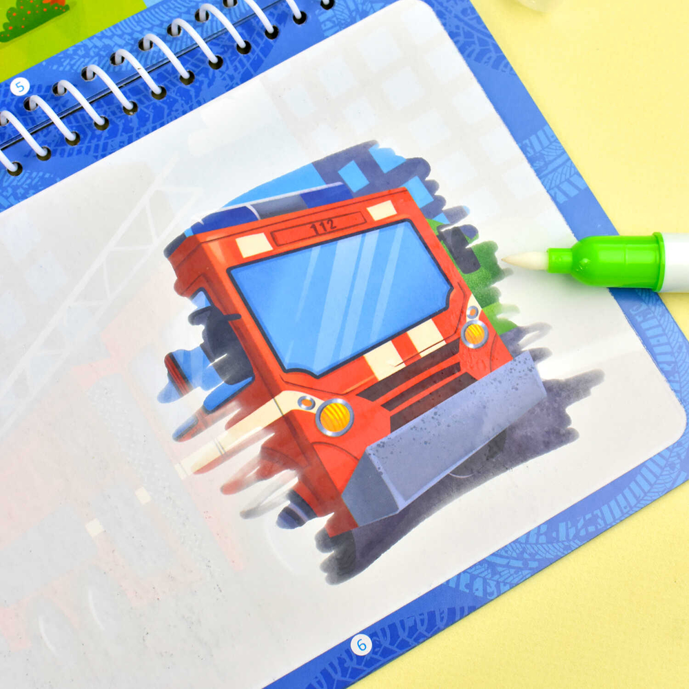 Книжка-раскраска для детей, с водным маркером в комплекте.64112 Серия «Водная раскраска многоразовая» арт. 64112 ТРАНСПОРТ /220х160 мм, 4 л., блок - мелованный картон 350 г/м2, кашированный, полноцветная печать, обл - картон,