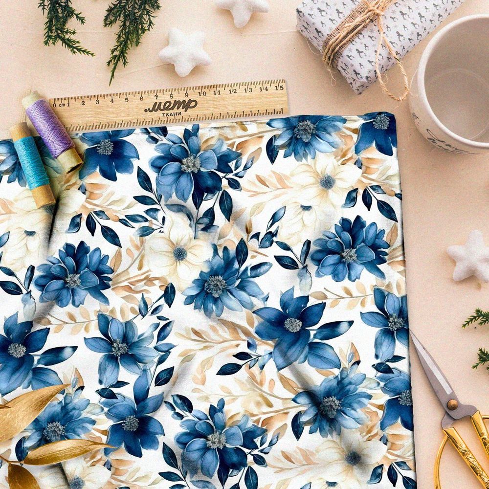 Ткань Ниагара Софт цветочные серо-голубые мотивы