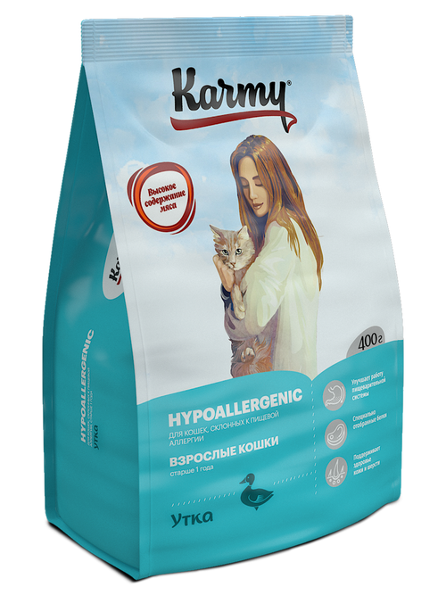 Karmy Hypoallergenic Сухой корм для взрослых кошек, склонных к пищевой аллергии с уткой 400 гр