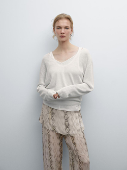 Massimo Dutti Свитер из 100% льна с V-образным вырезом, цвет слоновой кости