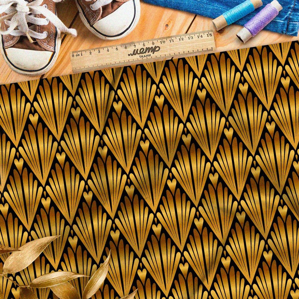 Ткань бифлекс крупный золотой узор в виде ракушки