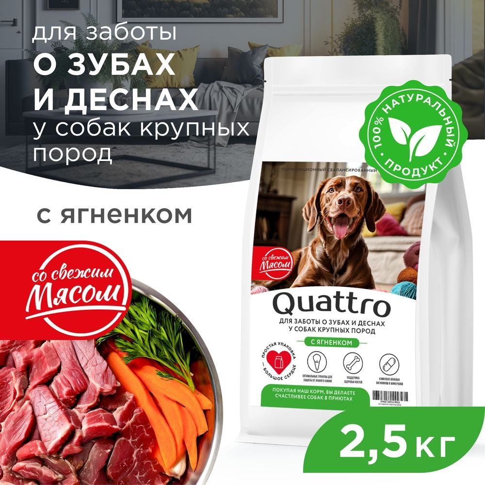 Корм сухой для взрослых собак крупных пород, премиум полнорационный комплекс, для заботы зубов и десен, с ягненком, 2,5 кг, QUATTRO