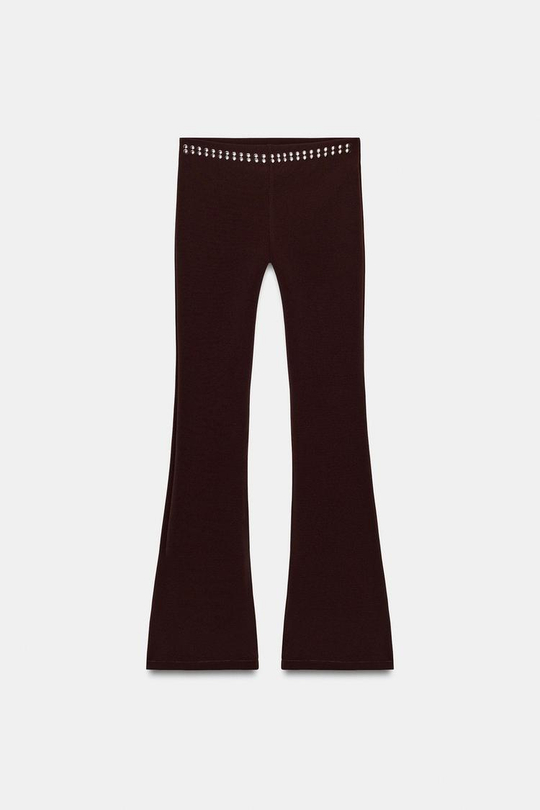 ZARA РАСКЛЕШЕННЫЕ БРЮКИ С ЗАКЛЕПКАМИ, ТЕМНО-КОРИЧНЕВЫЙ