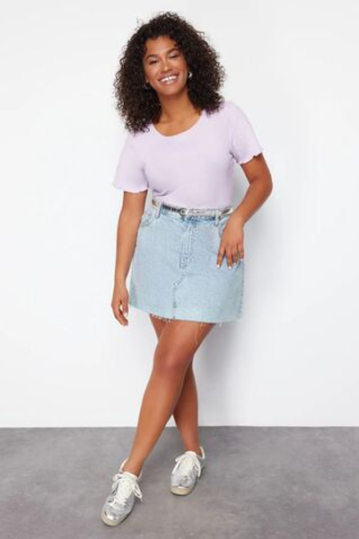 Сиреневый камзол из 100% хлопка, вязаная вязаная блузка больших размеров TBBSS24AF00108