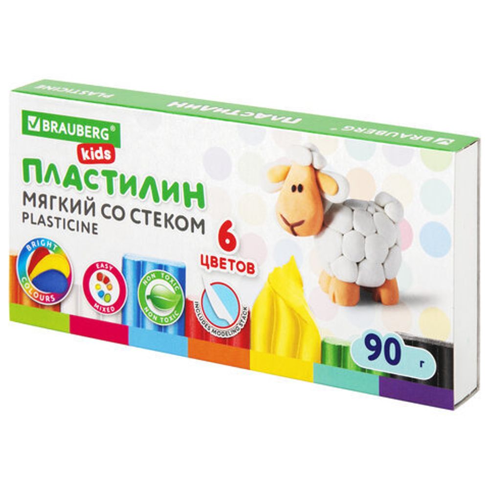 Пластилин мягкий восковой BRAUBERG "KIDS", 6 цветов, 90 г, со стеком, 106493