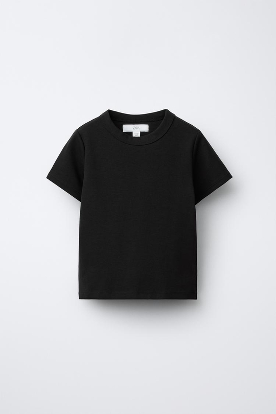 ZARA ОДНОТОННАЯ ФУТБОЛКА ИЗ ТРИКОТАЖА INTERLOCK, ЧЕРНЫЙ