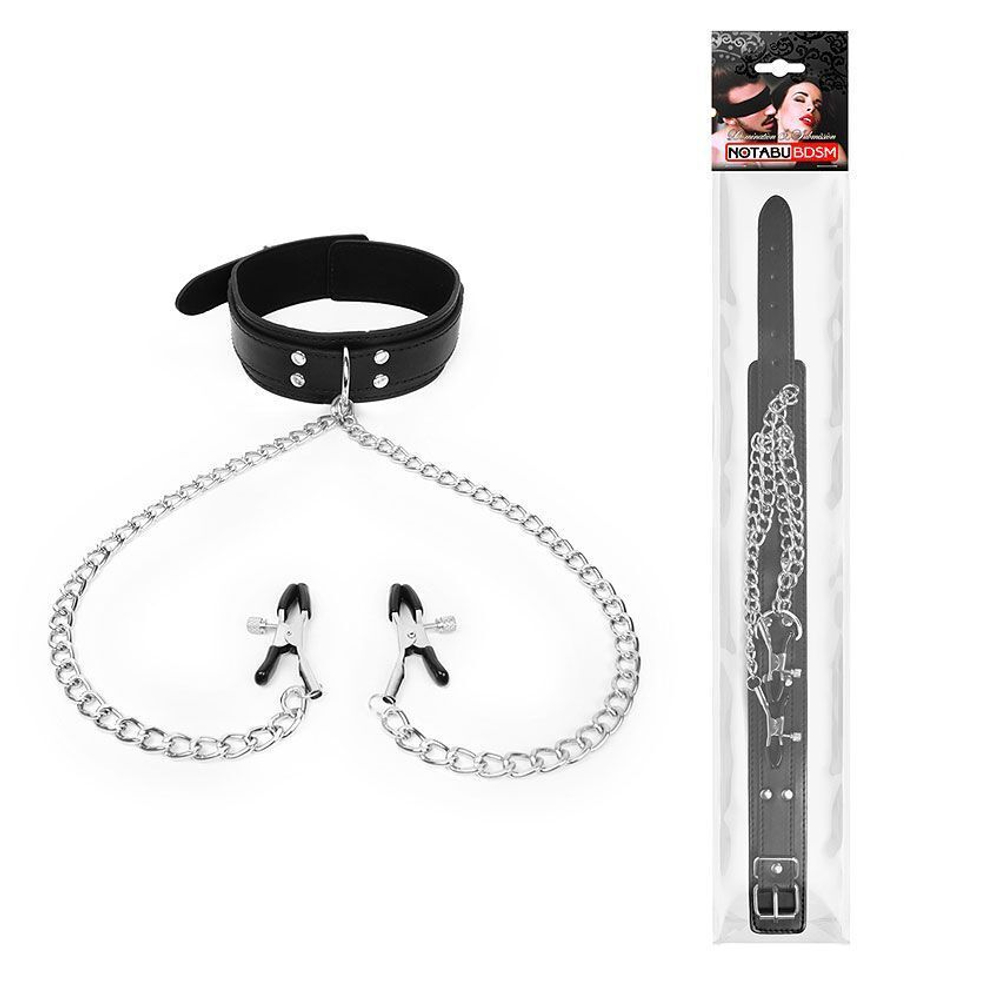 Черный ошейник с зажимами на соски на цепочке (Цвет: черный)