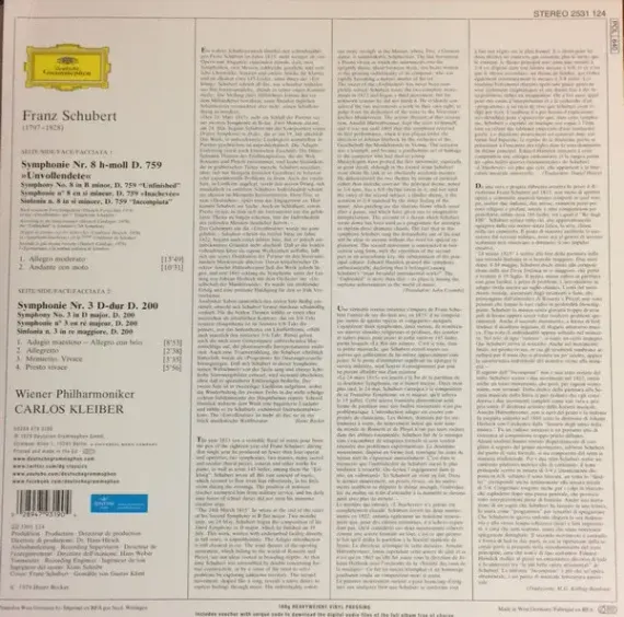 Franz Schubert, Wiener Philharmoniker, Carlos Kleiber – Symphonien No.8 - Unvollendete - No.3 - LP