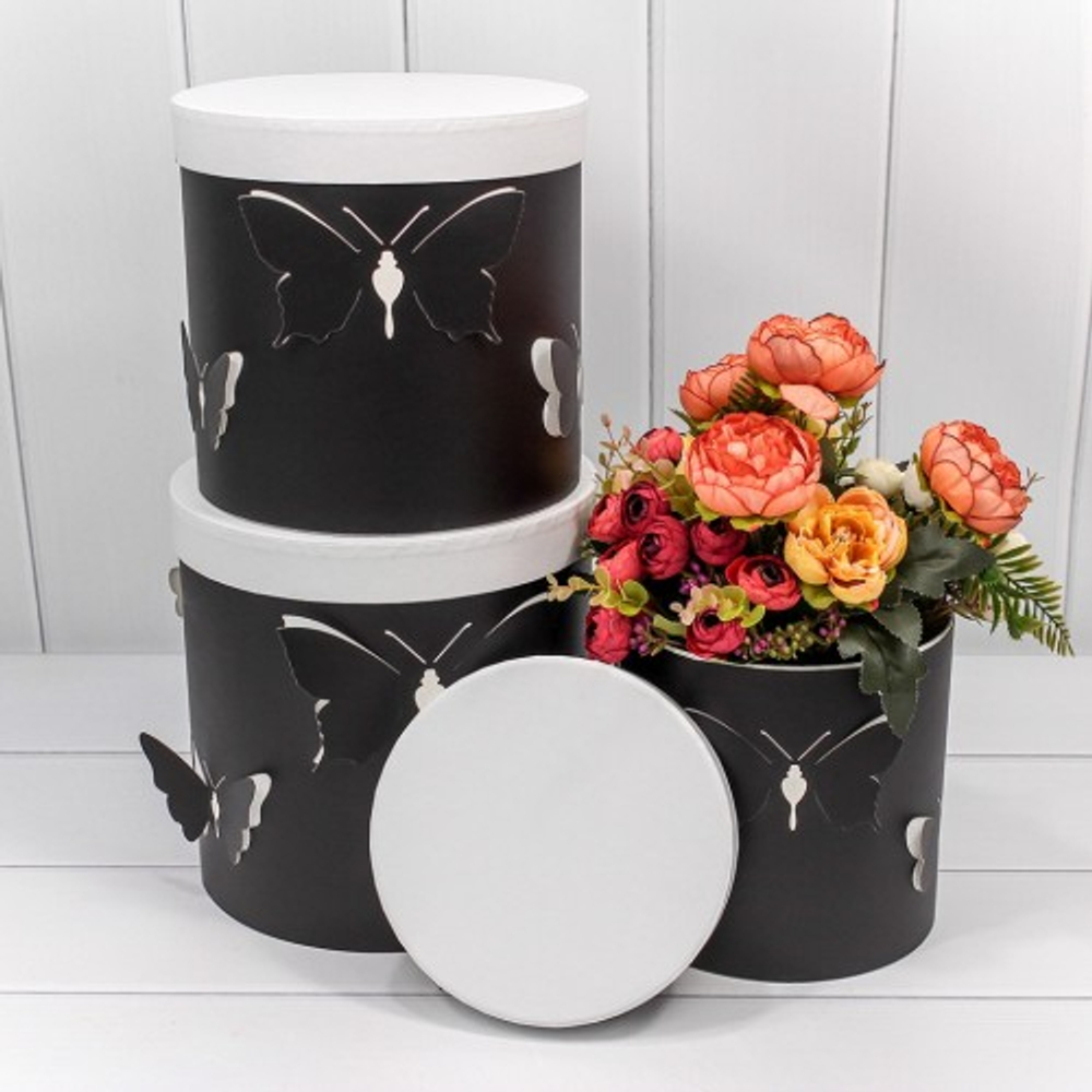 Коробка 21.5х21.5 см Набор 3 шт "Бабочки" (Черный)