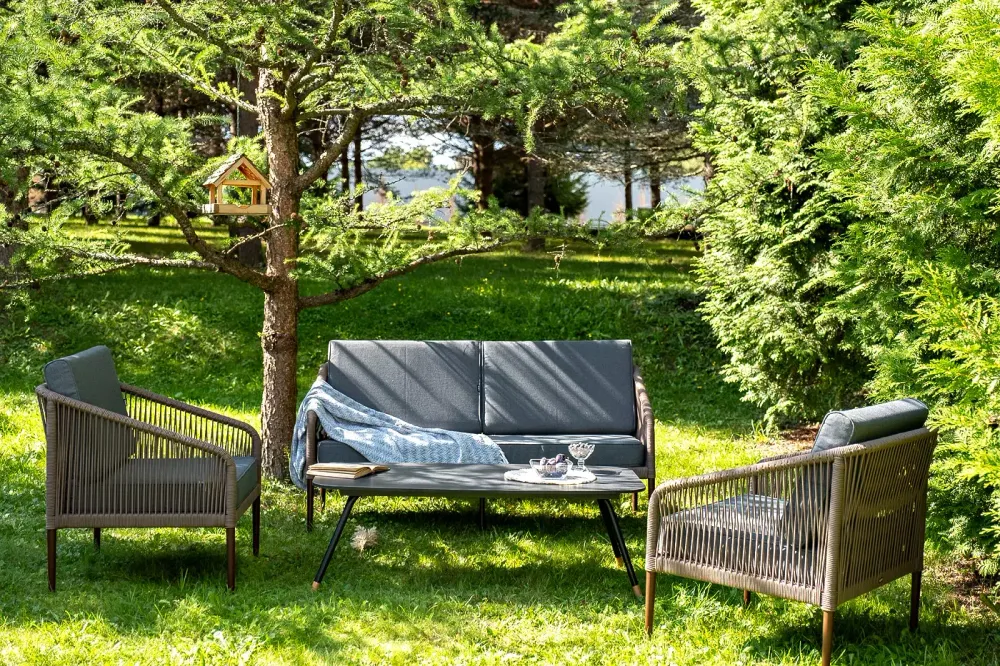 "Канны" лаунж-зона 4-местная из роупа со столом "Верона" (серый гранит), каркас алюминиевый коричневый, роуп коричневый