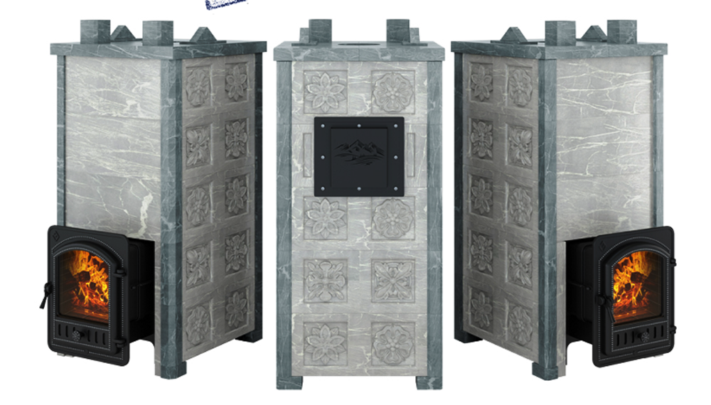 Печь Эверест "Легкий пар Профи" каменка из нерж. стали, Талькохлорит, S-50 мм, Резная (3 стороны)