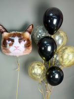 Шары воздушные на день рождения с гелием «Угрюмый кот» с фонтаном в черных и золотых цветах