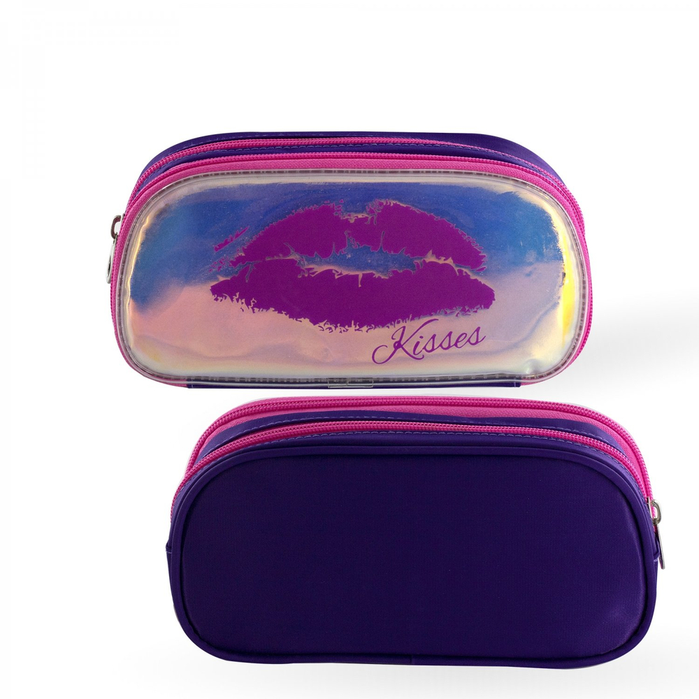 Пенал 2 отделения Alingar, ПВХ-силикон, молния, 110 х 210 мм, "With love!", фиолетовый (фиолетовые губы)