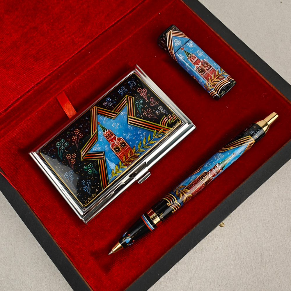 Набор "Кремль. Звезда" визитница, флешка и ручка Parker с ручной росписью Палех в футляре