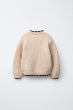 ZARA ВЯЗАНЫЙ ДЖЕМПЕР С НАШИВКАМИ КРЮЧКОМ, СВЕТЛО-БЕЖЕВЫЙ