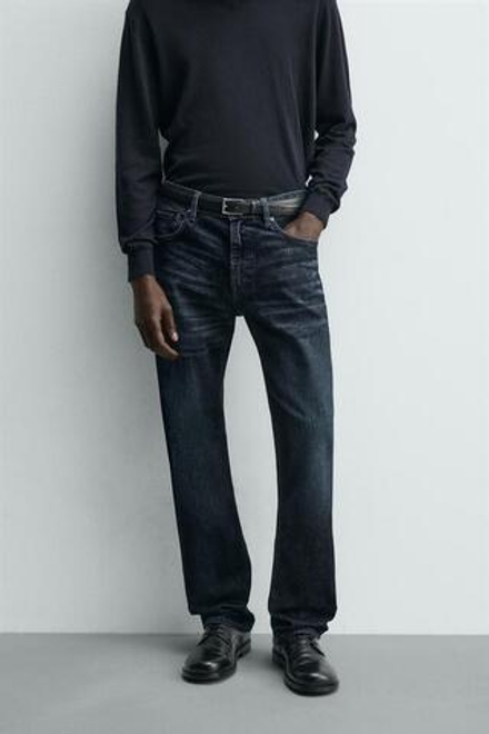 ZARA ДЖИНСЫ STRAIGHT FIT С НАЧЕСОМ, МОРСКОЙ СИНИЙ