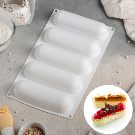 Форма для муссовых десертов и выпечки «Эклер», 30×17 см, 5 ячеек (14,5×4 см), цвет белый