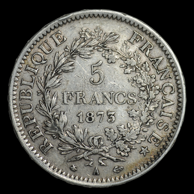 Старинная серебряная монета Франции 5 франков 1873 года