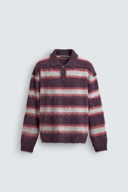 ZARA ПОЛО ИЗ ВОРСИСТОГО ТРИКОТАЖА В ПОЛОСКУ, ВИННЫЙ