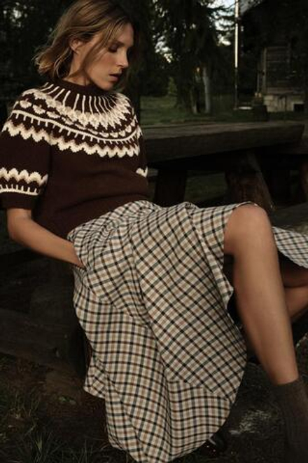 ZARA ЖАККАРДОВЫЙ СВИТЕР С КОРОТКИМИ РУКАВАМИ, КОРИЧНЕВЫЙ/ЭКРЮ
