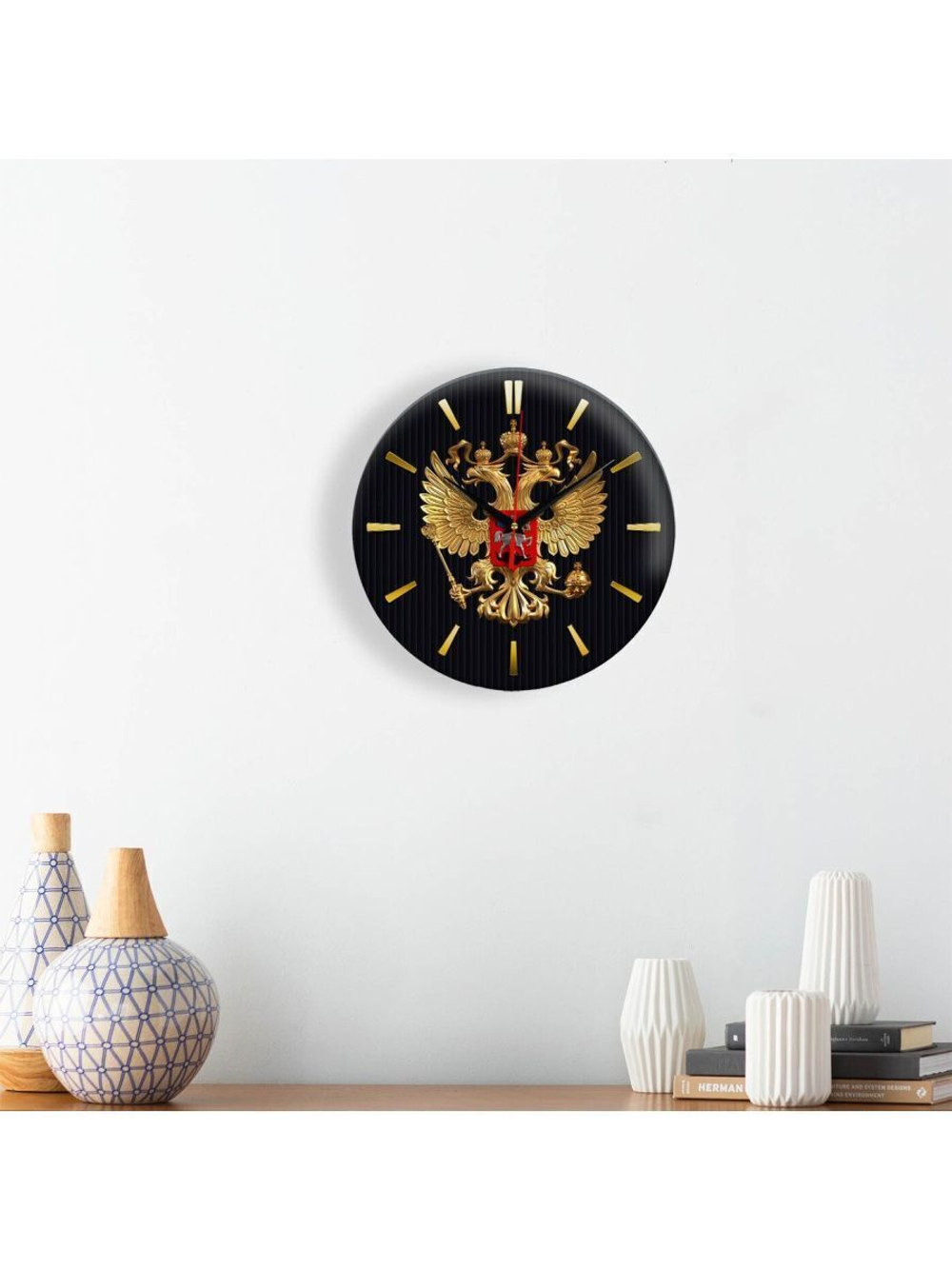 Настенные часы "Герб России двуглавый орел rf28", золото на черном Декор для дома, подарок